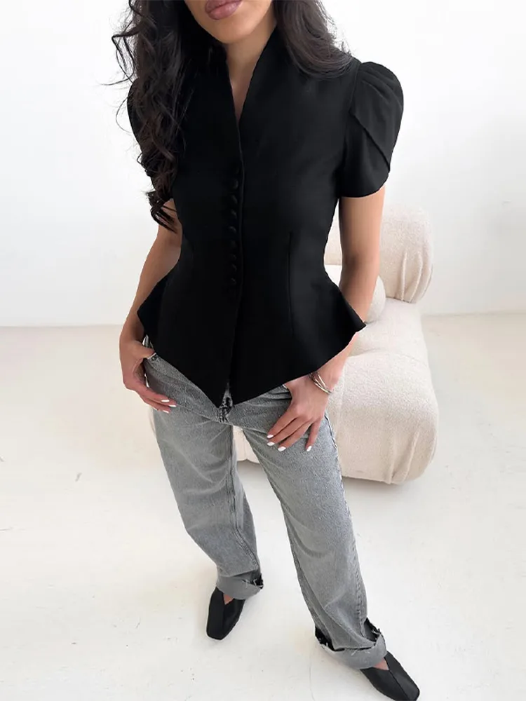 Women's Solid Casual Blazer with Stand Collar & Short Sleeves for Summer - Image 4