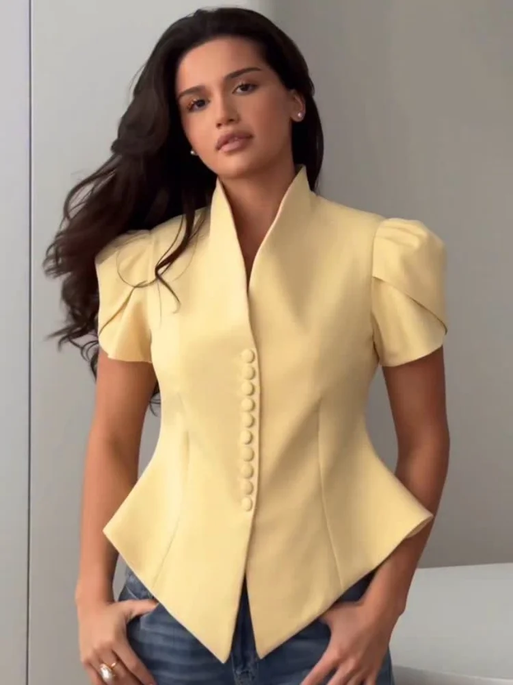 Women's Solid Casual Blazer with Stand Collar & Short Sleeves for Summer - Image 6