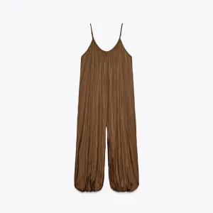 Women's Solid Slip Jumpsuit Vintage Brown Pleated Loose Wide Leg Playsuit Summer Chic Street Casual