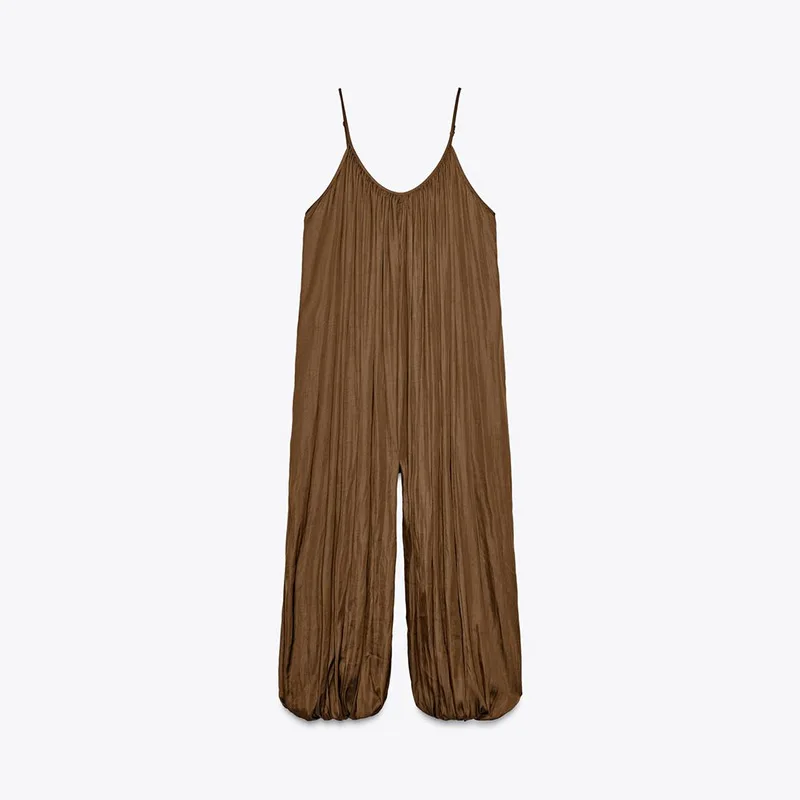 Women's Solid Slip Jumpsuit Vintage Brown Pleated Loose Wide Leg Playsuit Summer Chic Street Casual
