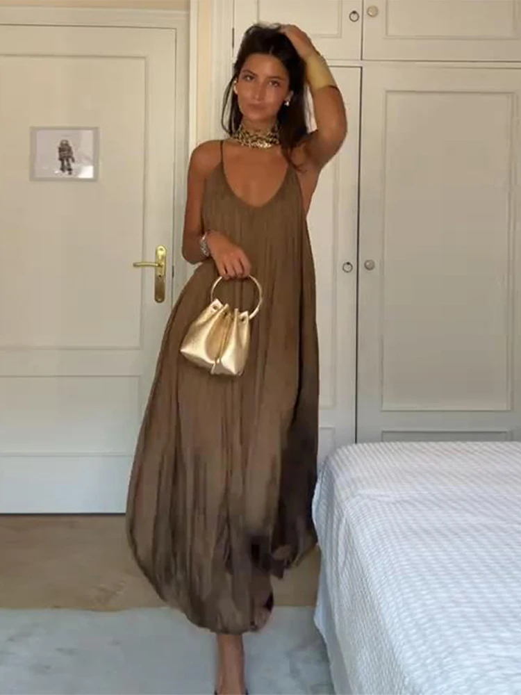 Women's Solid Slip Jumpsuit Vintage Brown Pleated Loose Wide Leg Playsuit Summer Chic Street Casual - Image 3