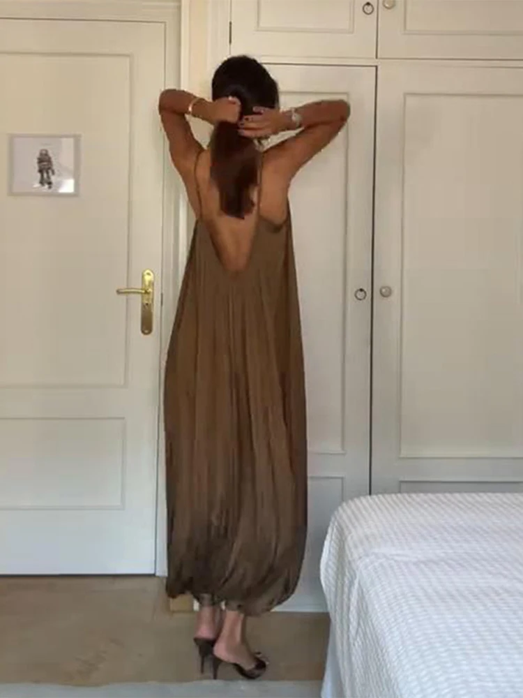 Women's Solid Slip Jumpsuit Vintage Brown Pleated Loose Wide Leg Playsuit Summer Chic Street Casual - Image 5