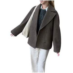 Women's Woolen Short Coat Double Breasted Lapel Blazer Jacket Autumn Long Sleeve